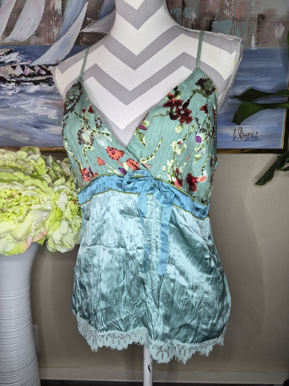Vintage Amaryllis Floral Embroidered Satin Cami Top in Aqua